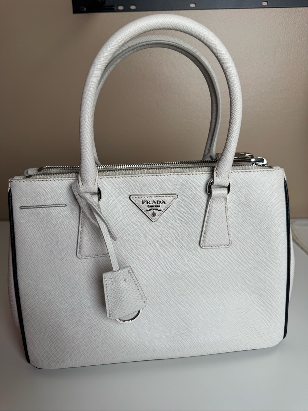 Prada White Saffiano Leather Satchel with Silver Hardware